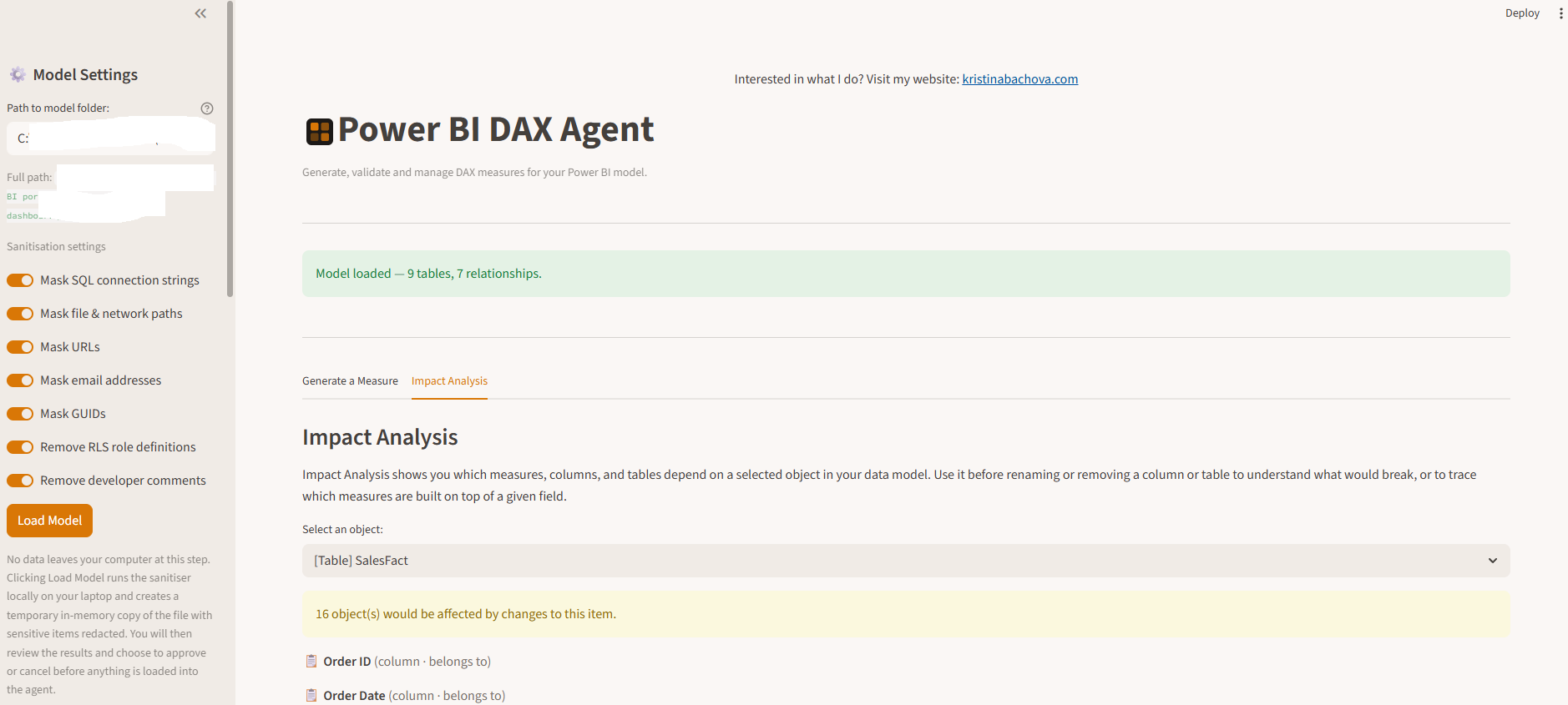 Full agent interface showing the sidebar with model settings and sanitisation options
