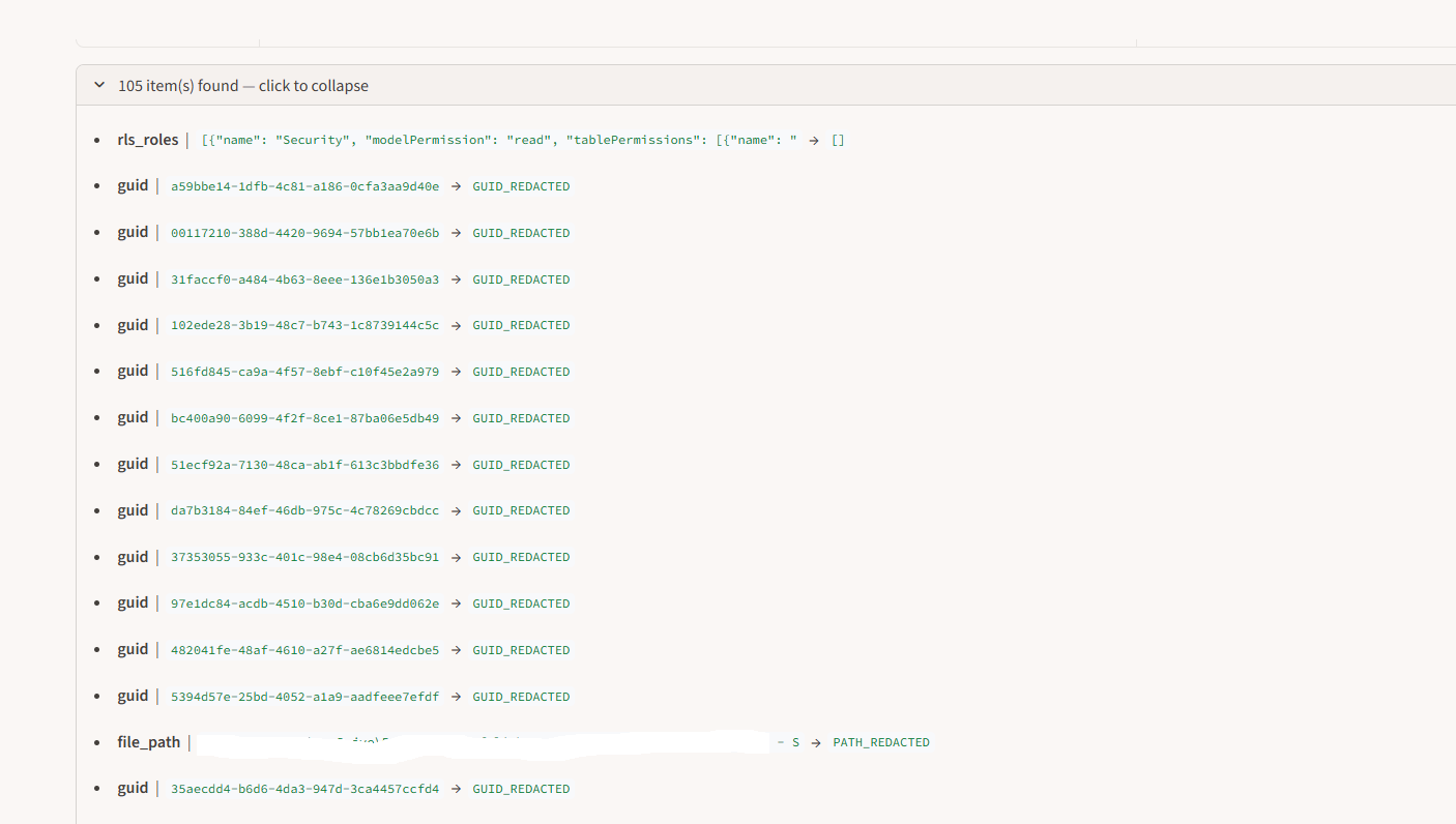 Expanded list of sanitised items showing masked connection strings and file paths